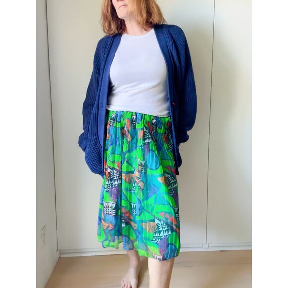 Vintage 90s Graphic Print Pleated skirt Size M Green/Blue Mixed Prints Statement - Picture 6 of 8